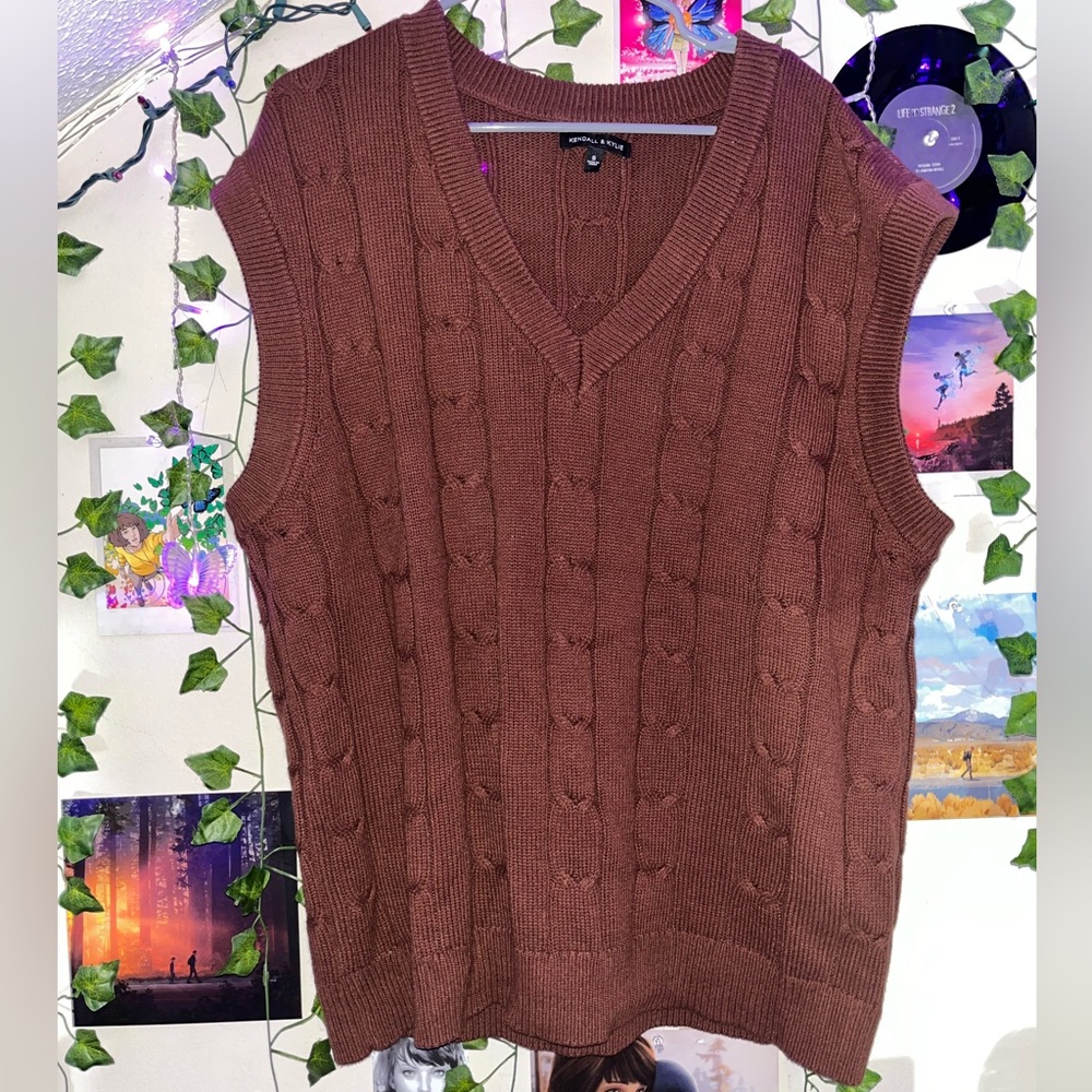 NWOT Kendall + Kylie Brown Knit Oversized Sweater Vest V-Neck Preppy Academia